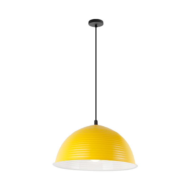 Lampe suspendue industrielle grise/jaune avec abat-jour en forme de dôme côtelé - 1 lampe, 12"/16" de large - Plafonnier d'intérieur en métal