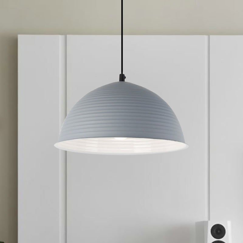 Lampe suspendue industrielle grise/jaune avec abat-jour en forme de dôme côtelé - 1 lampe, 12"/16" de large - Plafonnier d'intérieur en métal
