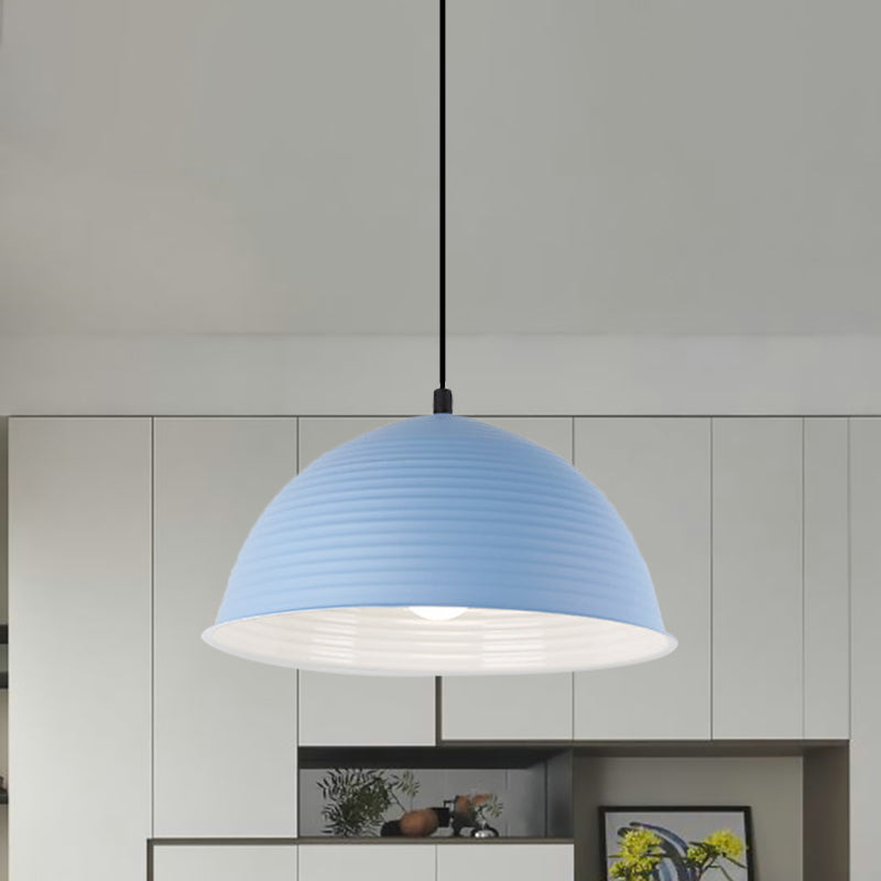 Lampe suspendue industrielle grise/jaune avec abat-jour en forme de dôme côtelé - 1 lampe, 12"/16" de large - Plafonnier d'intérieur en métal