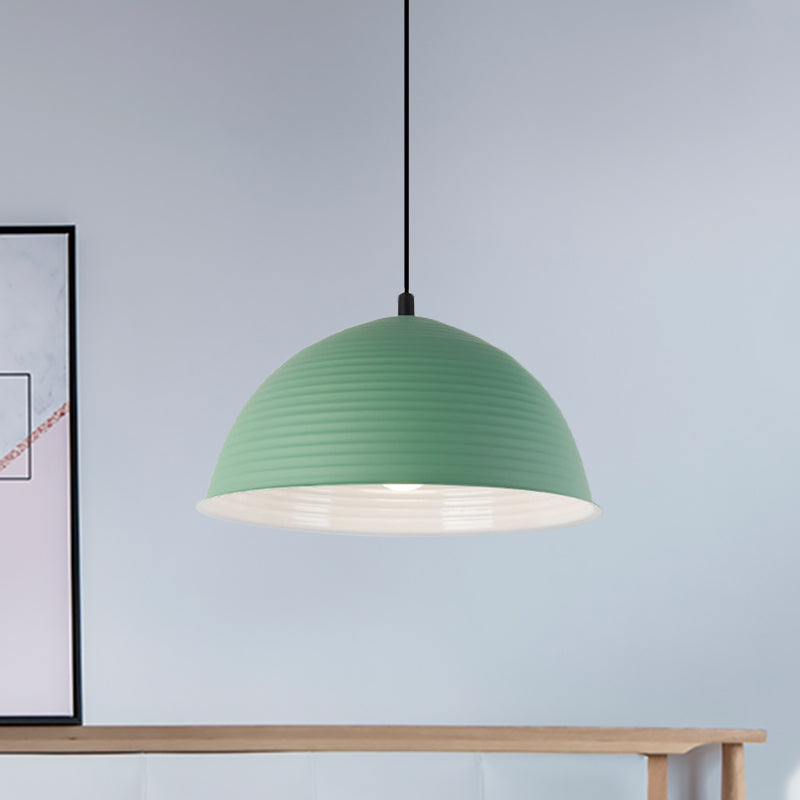 Lampe suspendue industrielle grise/jaune avec abat-jour en forme de dôme côtelé - 1 lampe, 12"/16" de large - Plafonnier d'intérieur en métal