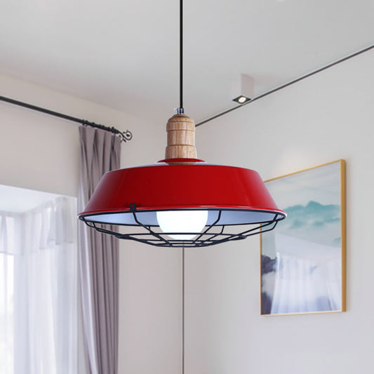 Retro Style Wire Cage Metal Suspension Lamp with Barn Shade - Ceiling Fixture in Blue/Green/Red