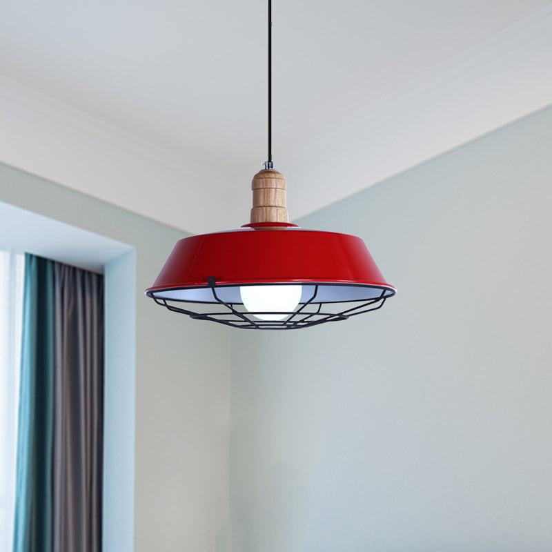 Retro-Style Wire Cage Suspension Lamp With Barn Shade - 1 Bulb Ceiling Fixture For Dining Room In