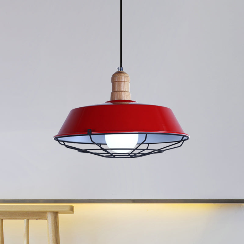 Retro Style Wire Cage Metal Suspension Lamp with Barn Shade - Ceiling Fixture in Blue/Green/Red