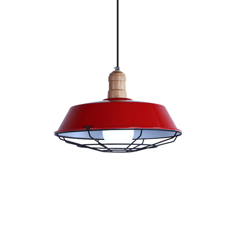 Retro Style Wire Cage Metal Suspension Lamp with Barn Shade - Ceiling Fixture in Blue/Green/Red