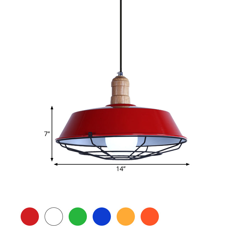 Retro Style Wire Cage Metal Suspension Lamp with Barn Shade - Ceiling Fixture in Blue/Green/Red