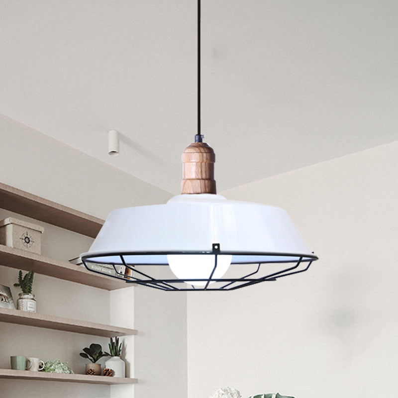 Retro Style Wire Cage Metal Suspension Lamp with Barn Shade - Ceiling Fixture in Blue/Green/Red