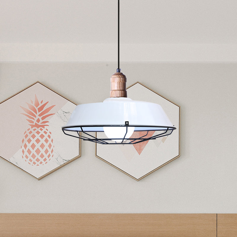 Retro-Style Wire Cage Suspension Lamp With Barn Shade - 1 Bulb Ceiling Fixture For Dining Room In