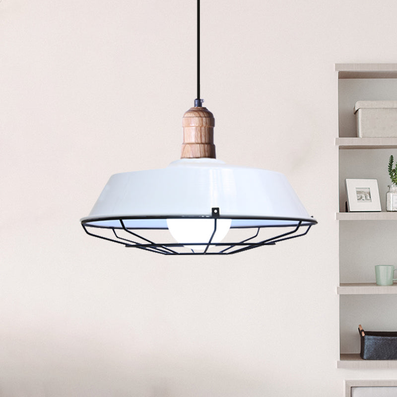 Retro Style Wire Cage Metal Suspension Lamp with Barn Shade - Ceiling Fixture in Blue/Green/Red