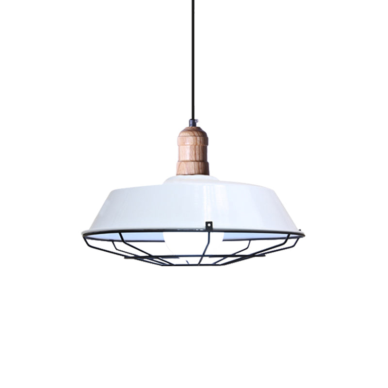Retro-Style Wire Cage Suspension Lamp With Barn Shade - 1 Bulb Ceiling Fixture For Dining Room In