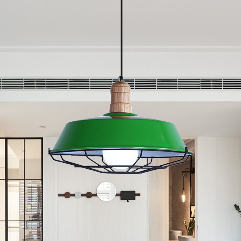 Retro-Style Wire Cage Suspension Lamp With Barn Shade - 1 Bulb Ceiling Fixture For Dining Room In