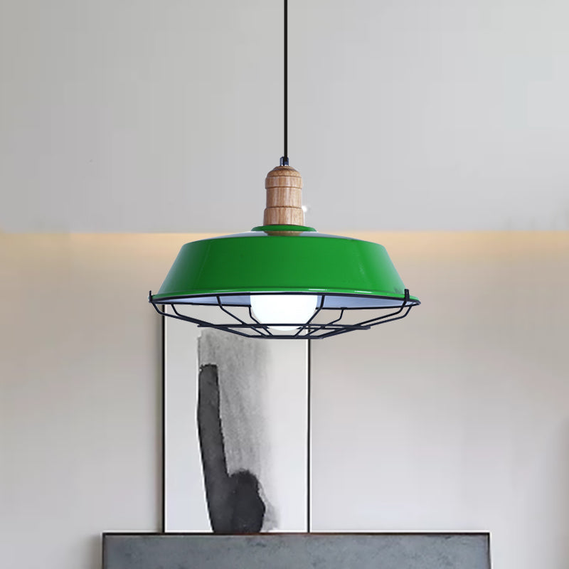 Retro-Style Wire Cage Suspension Lamp With Barn Shade - 1 Bulb Ceiling Fixture For Dining Room In