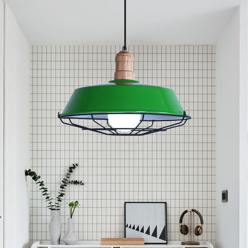 Retro-Style Wire Cage Suspension Lamp With Barn Shade - 1 Bulb Ceiling Fixture For Dining Room In