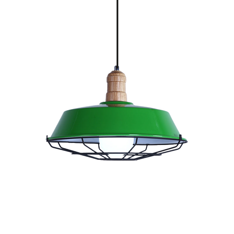 Retro-Style Wire Cage Suspension Lamp With Barn Shade - 1 Bulb Ceiling Fixture For Dining Room In