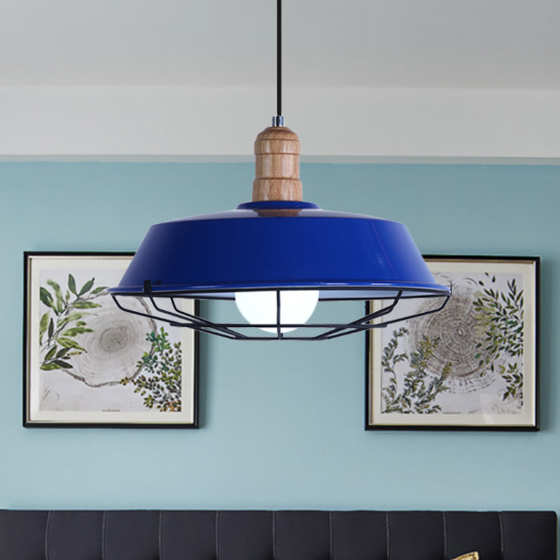Retro Style Wire Cage Metal Suspension Lamp with Barn Shade - Ceiling Fixture in Blue/Green/Red