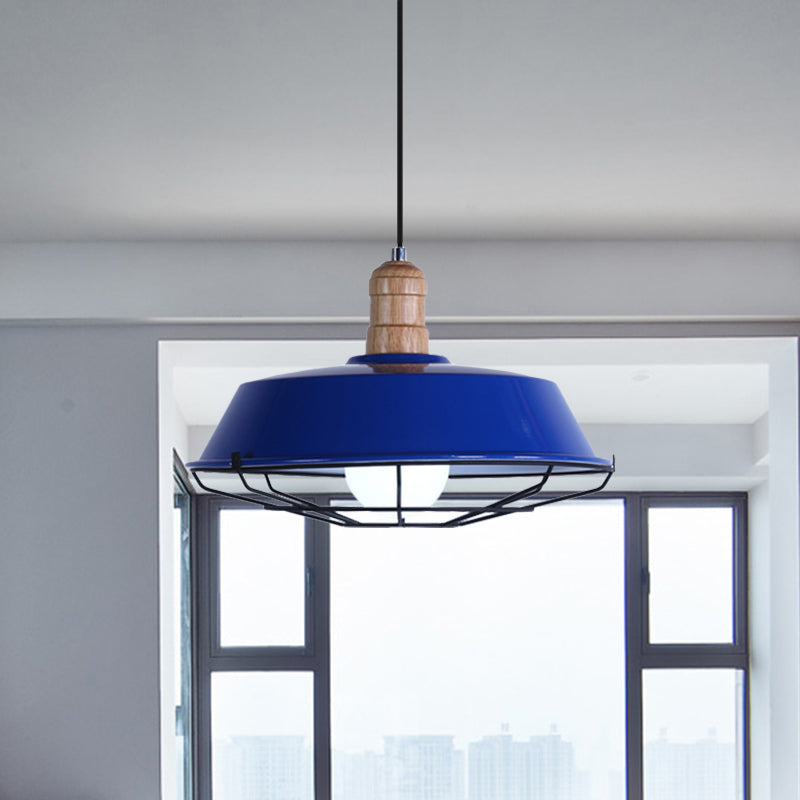 Retro-Style Wire Cage Suspension Lamp With Barn Shade - 1 Bulb Ceiling Fixture For Dining Room In