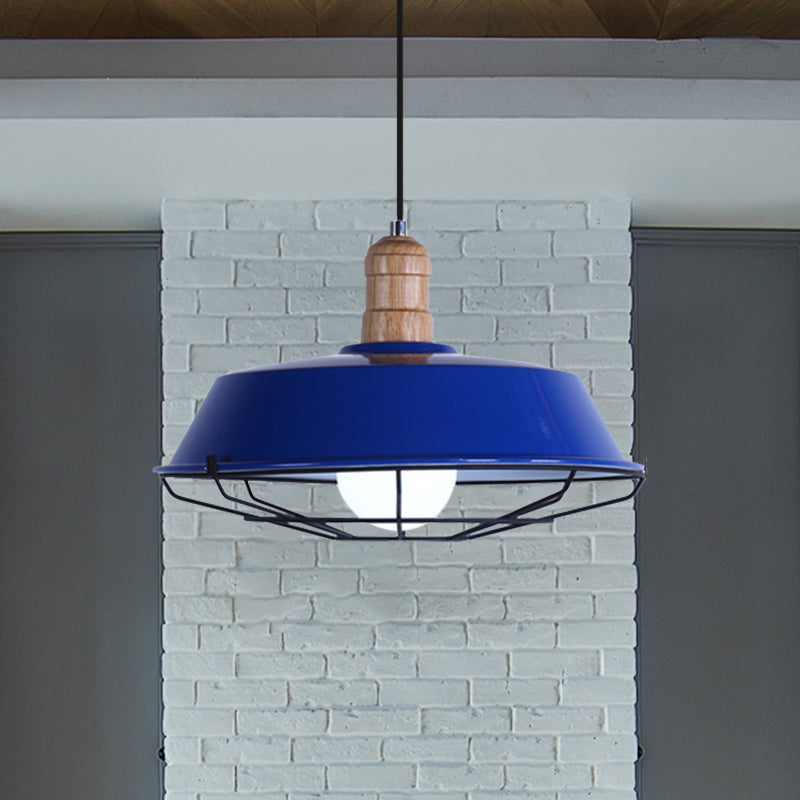 Retro Style Wire Cage Metal Suspension Lamp with Barn Shade - Ceiling Fixture in Blue/Green/Red