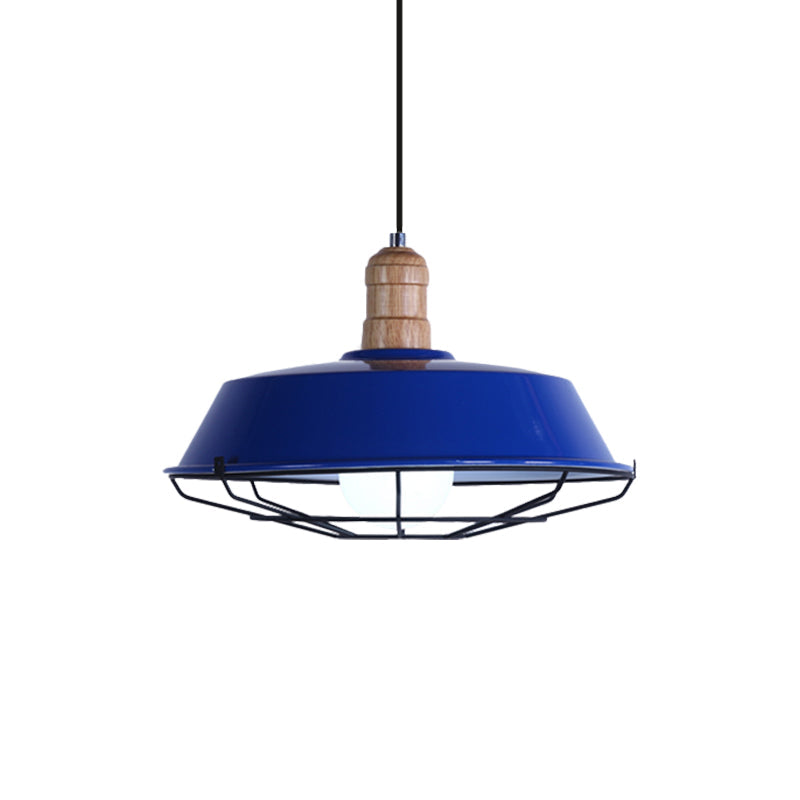 Retro-Style Wire Cage Suspension Lamp With Barn Shade - 1 Bulb Ceiling Fixture For Dining Room In