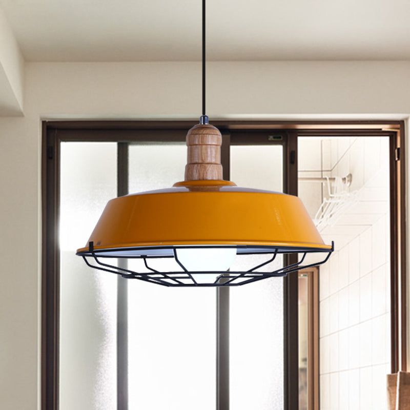 Retro Style Wire Cage Metal Suspension Lamp with Barn Shade - Ceiling Fixture in Blue/Green/Red