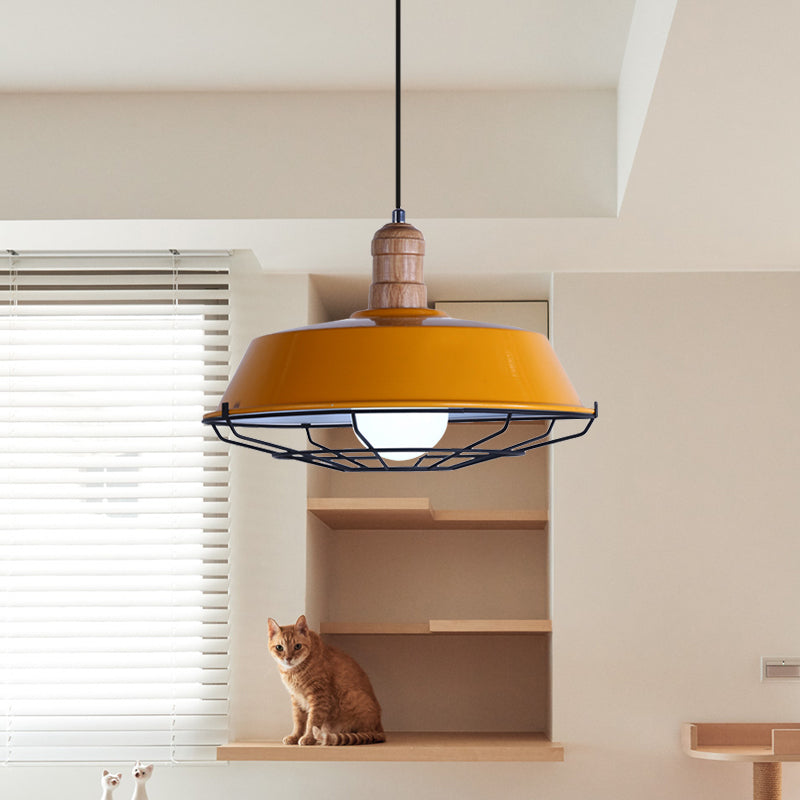Retro Style Wire Cage Metal Suspension Lamp with Barn Shade - Ceiling Fixture in Blue/Green/Red