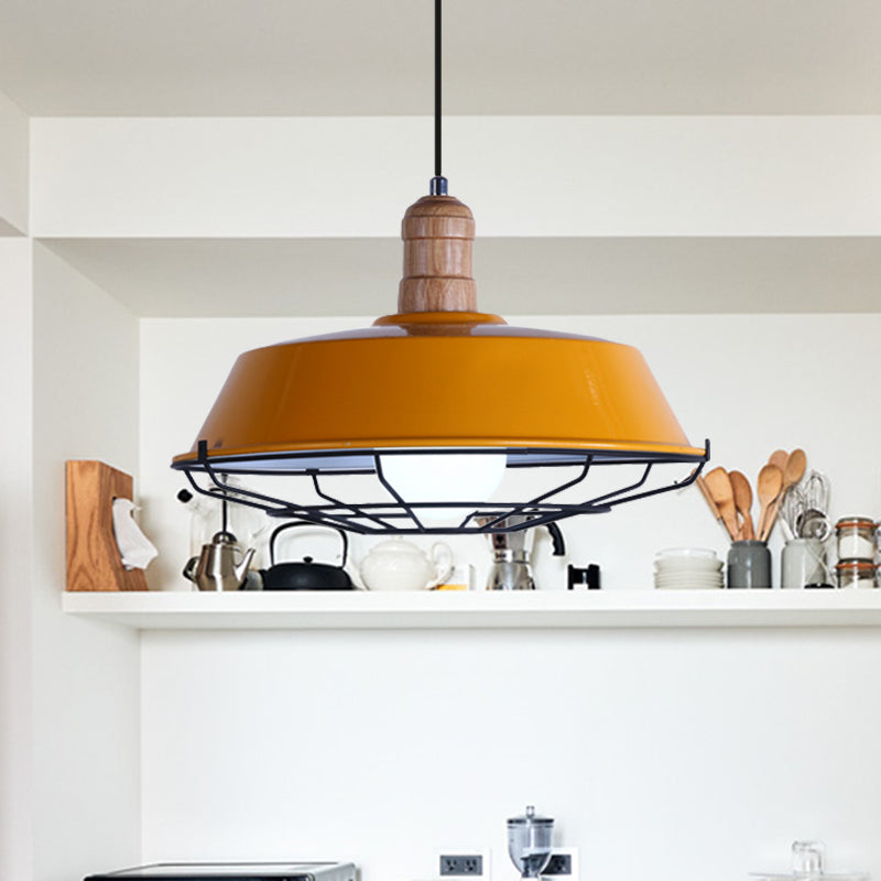 Retro Style Wire Cage Metal Suspension Lamp with Barn Shade - Ceiling Fixture in Blue/Green/Red
