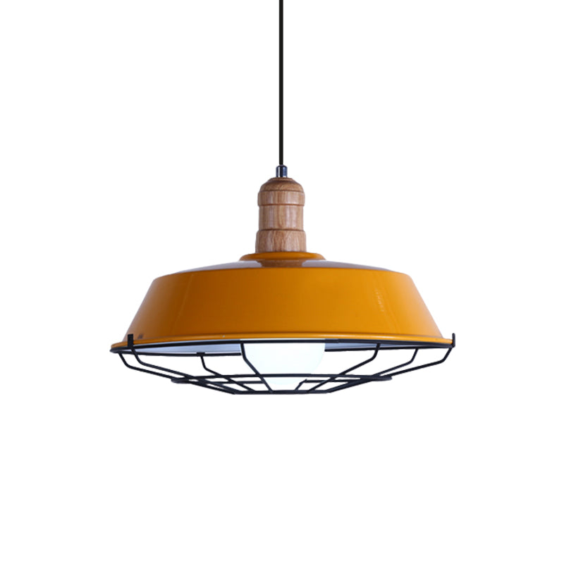 Retro Style Wire Cage Metal Suspension Lamp with Barn Shade - Ceiling Fixture in Blue/Green/Red