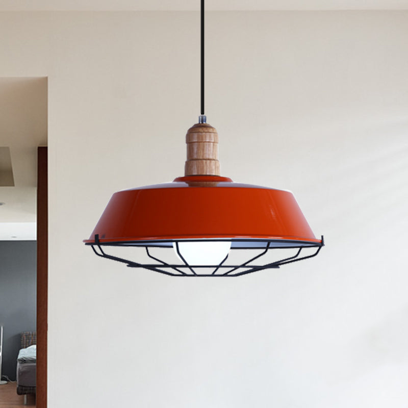 Retro Style Wire Cage Metal Suspension Lamp with Barn Shade - Ceiling Fixture in Blue/Green/Red