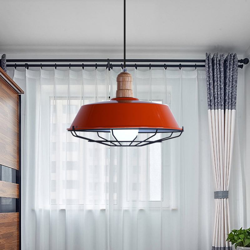 Retro-Style Wire Cage Suspension Lamp With Barn Shade - 1 Bulb Ceiling Fixture For Dining Room In