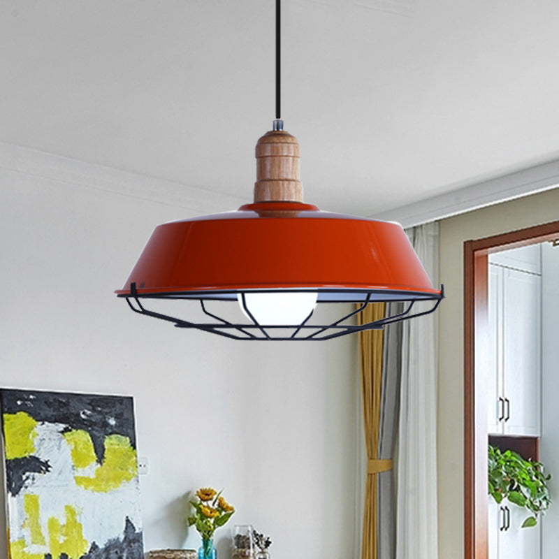 Retro Style Wire Cage Metal Suspension Lamp with Barn Shade - Ceiling Fixture in Blue/Green/Red