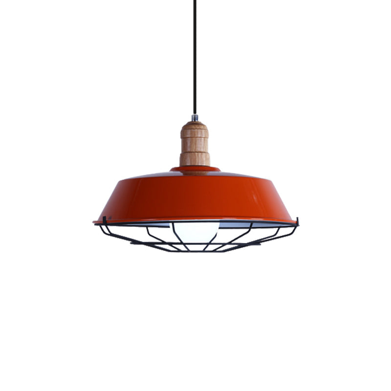Retro-Style Wire Cage Suspension Lamp With Barn Shade - 1 Bulb Ceiling Fixture For Dining Room In