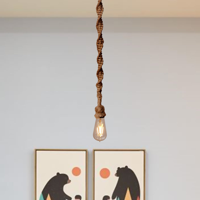 Minimalist Exposed Bulb Rope Pendant Light in Brown for Bar - 1/3 Head Hanging Lamp