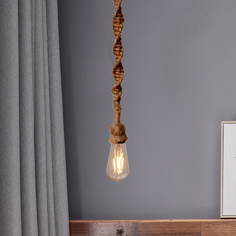 Minimalist Exposed Bulb Rope Pendant Light in Brown for Bar - 1/3 Head Hanging Lamp