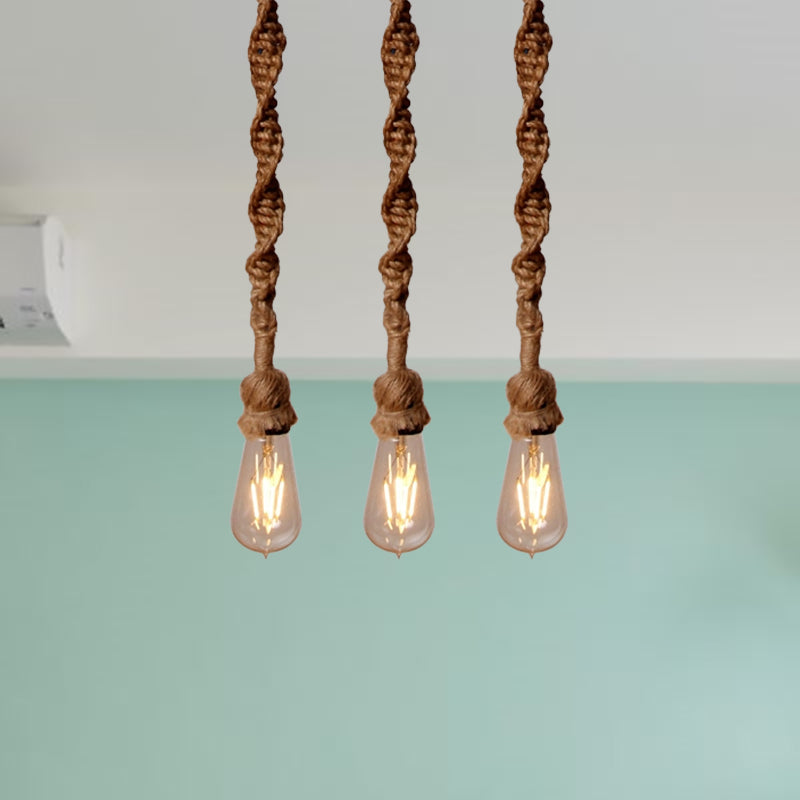 Minimalist Exposed Bulb Rope Pendant Light in Brown for Bar - 1/3 Head Hanging Lamp