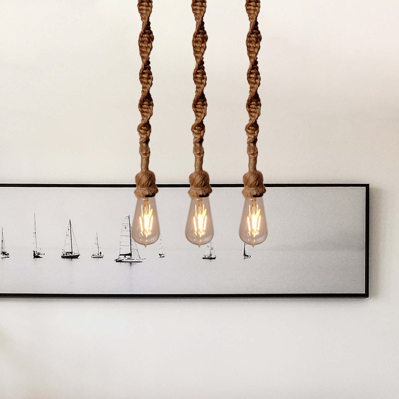 Minimalist Exposed Bulb Rope Pendant Light in Brown for Bar - 1/3 Head Hanging Lamp