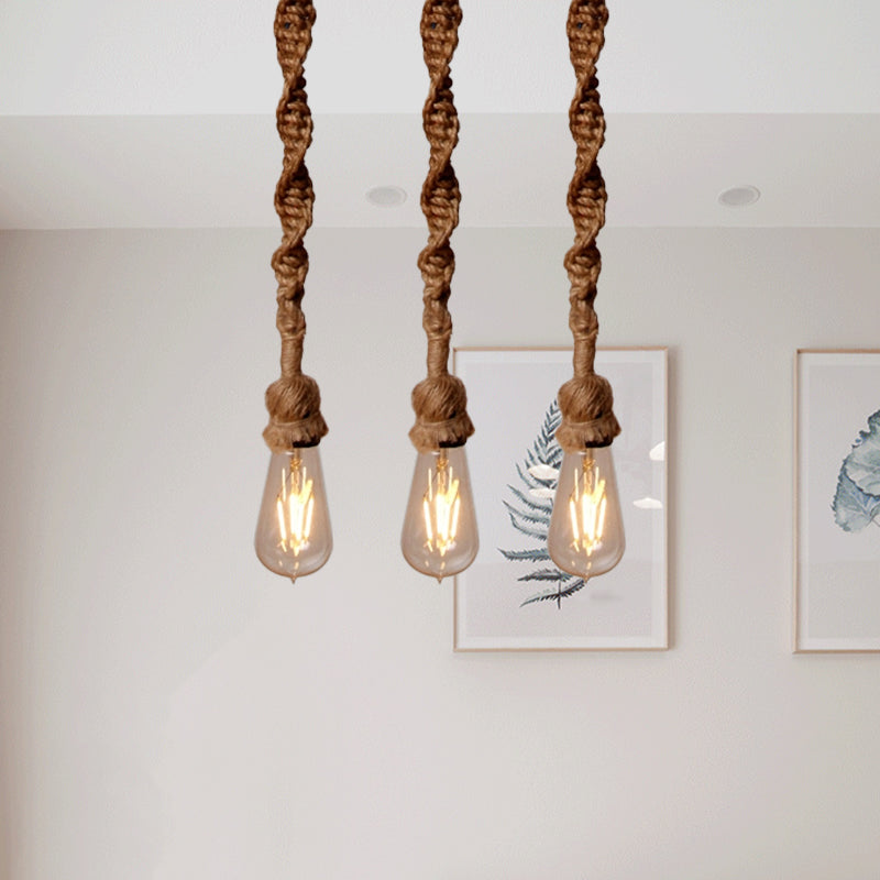 Minimalist Exposed Bulb Rope Pendant Light in Brown for Bar - 1/3 Head Hanging Lamp