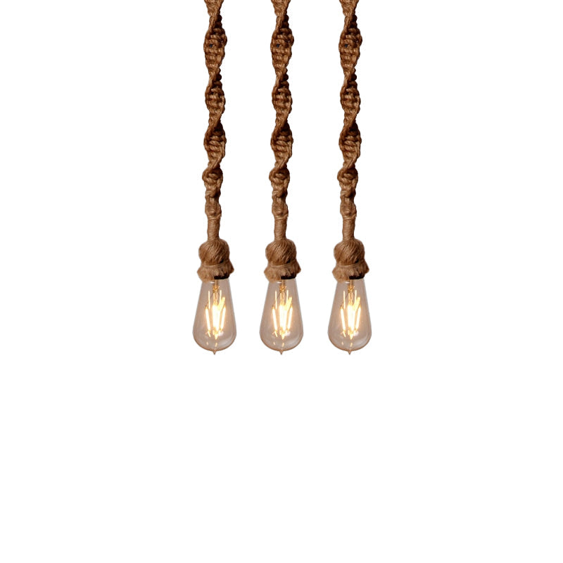 Minimalist 1/3-Head Rope Pendant Light Fixture In Brown For Bar - Exposed Bulb Hanging Lamp