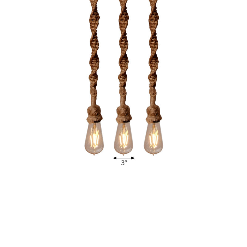 Minimalist Exposed Bulb Rope Pendant Light in Brown for Bar - 1/3 Head Hanging Lamp