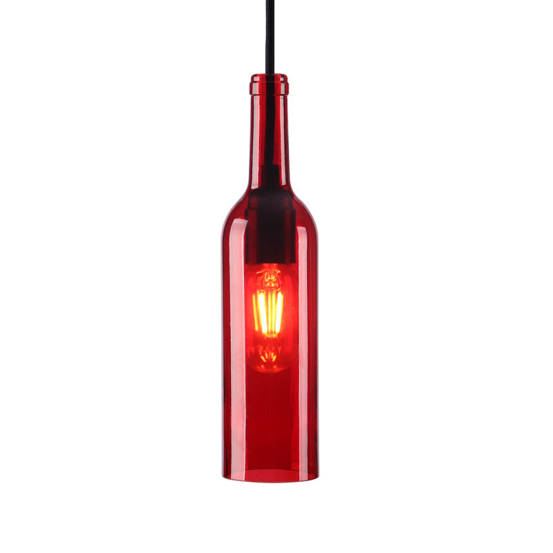 Industrial Glass 1-Head Hanging Lamp with Red/Yellow Bottle Shade for Dining Room