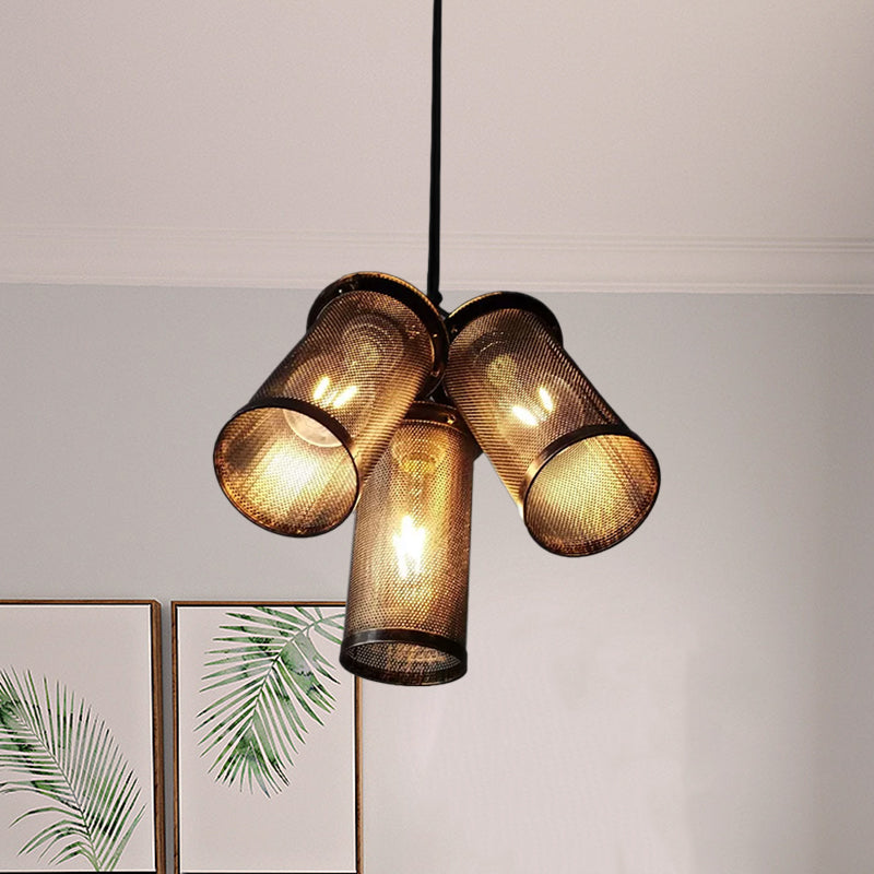Vintage Style Iron Cylinder 3-Light Black Hanging Restaurant Lamp With Mesh Cage Shade