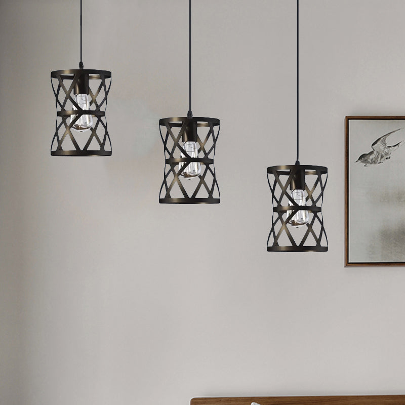 Farmhouse 3-Head Pendant Lamp: Cylindrical Metal Suspension Light With Black Cage Shade