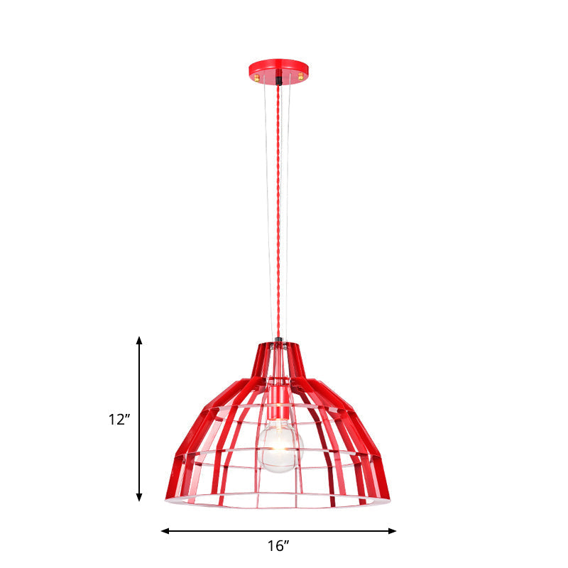Modern Red Dome Pendant Light w/ Metal Cage - Restaurant Hanging Lamp