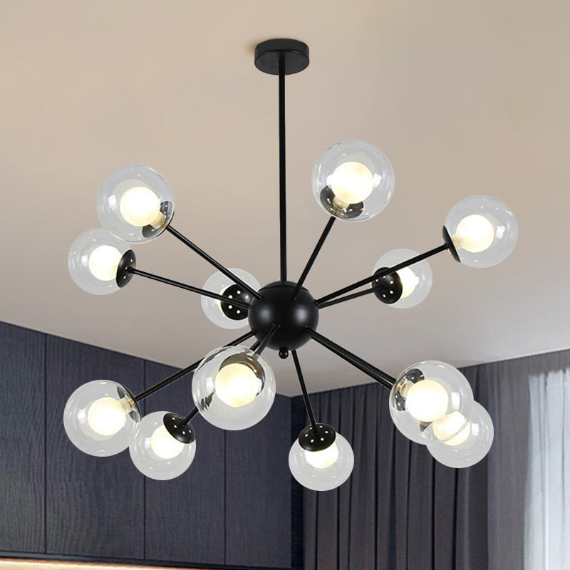 Modern Black/Gold Sputnik Hanging Light Fixture with Glass Shades - 12/18 Heads Ceiling Lamp