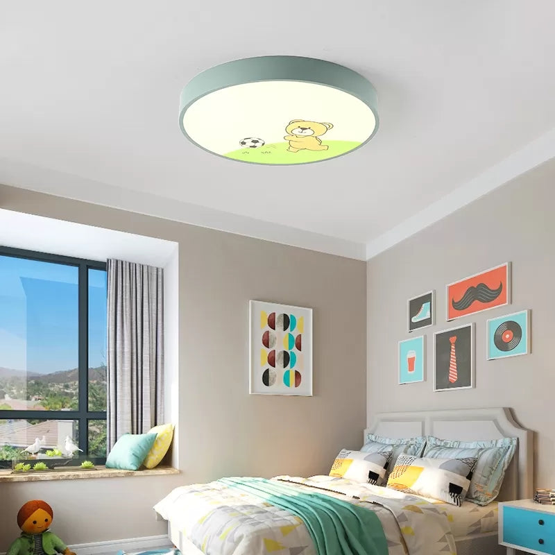 Green Acrylic Circular Ceiling Light with Playful Bear Macaron Lamp for Boys' Bedroom