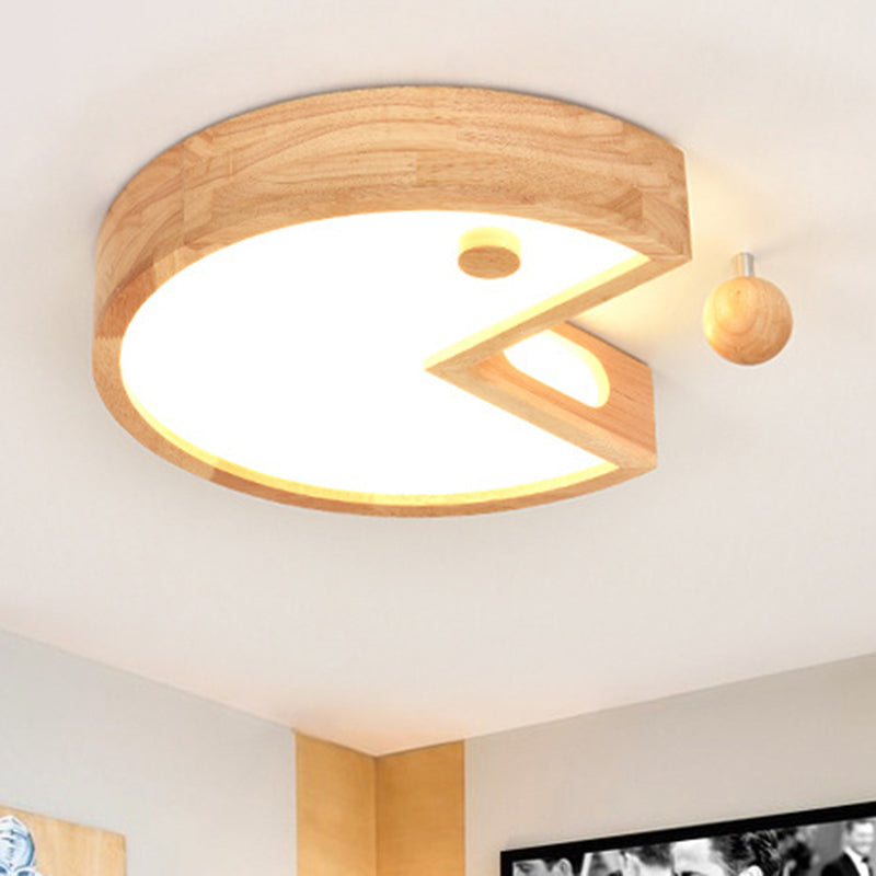 Nordic Beige Flush Ceiling Light for Kids Bedroom - Wood & Acrylic Lamp