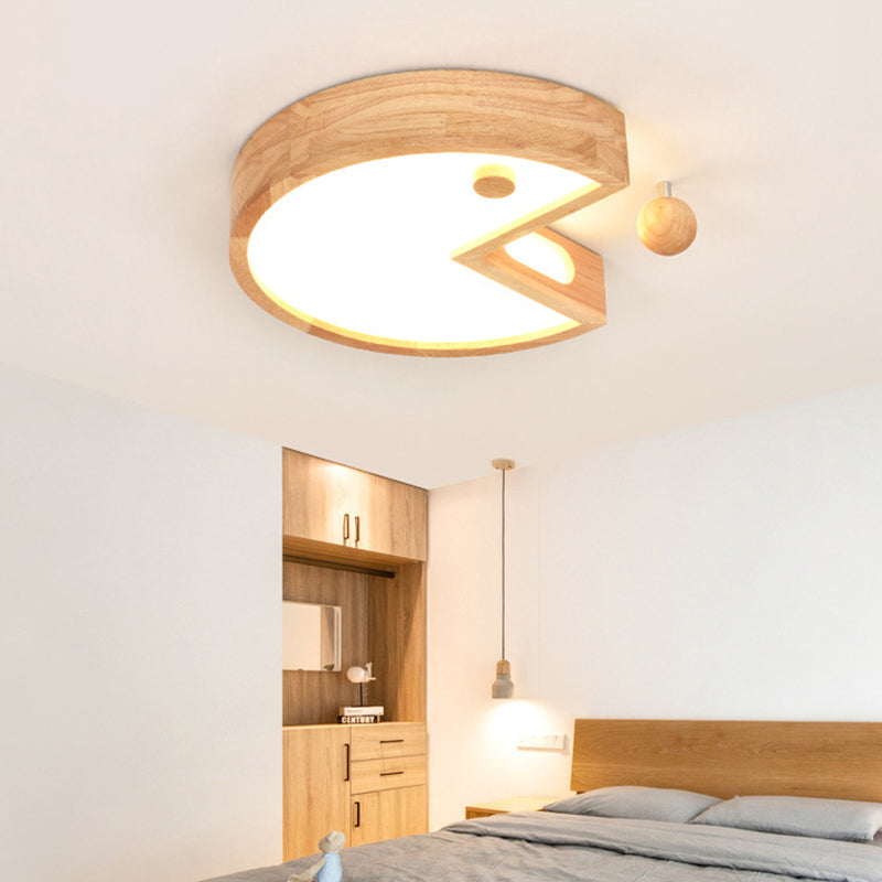 Nordic Beige Flush Ceiling Light for Kids Bedroom - Wood & Acrylic Lamp