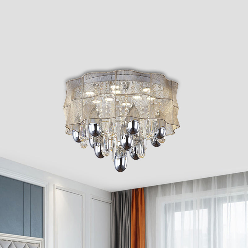 LED Flush Mount Beige Sheer Ceiling Lamp with Crystal Droplet - 20"/25.5" Wide