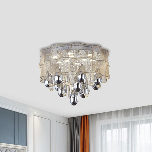 LED Flush Mount Beige Sheer Ceiling Lamp with Crystal Droplet - 20"/25.5" Wide