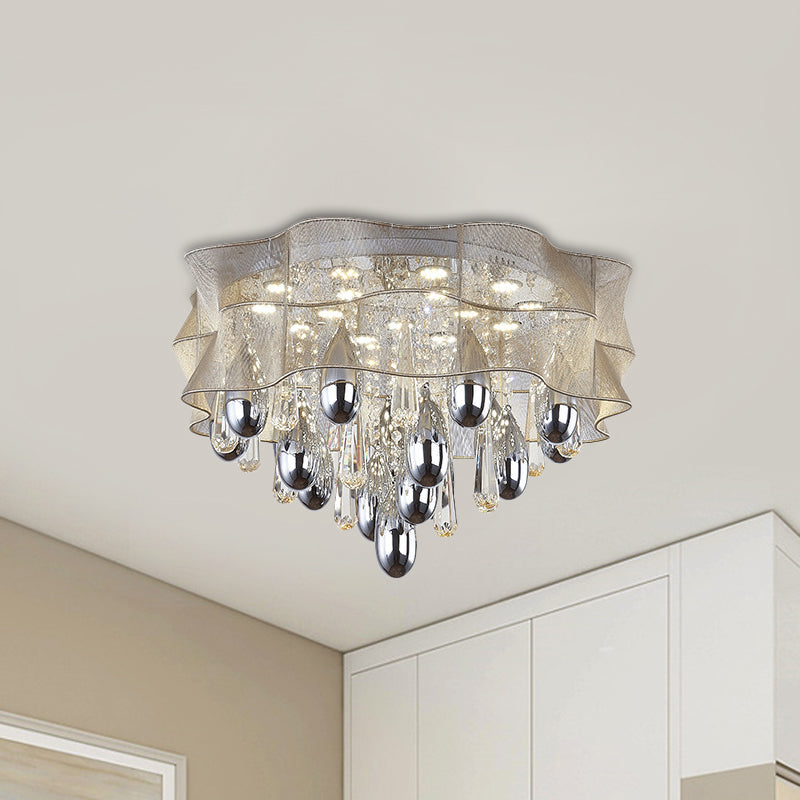 LED Flush Mount Beige Sheer Ceiling Lamp with Crystal Droplet - 20"/25.5" Wide