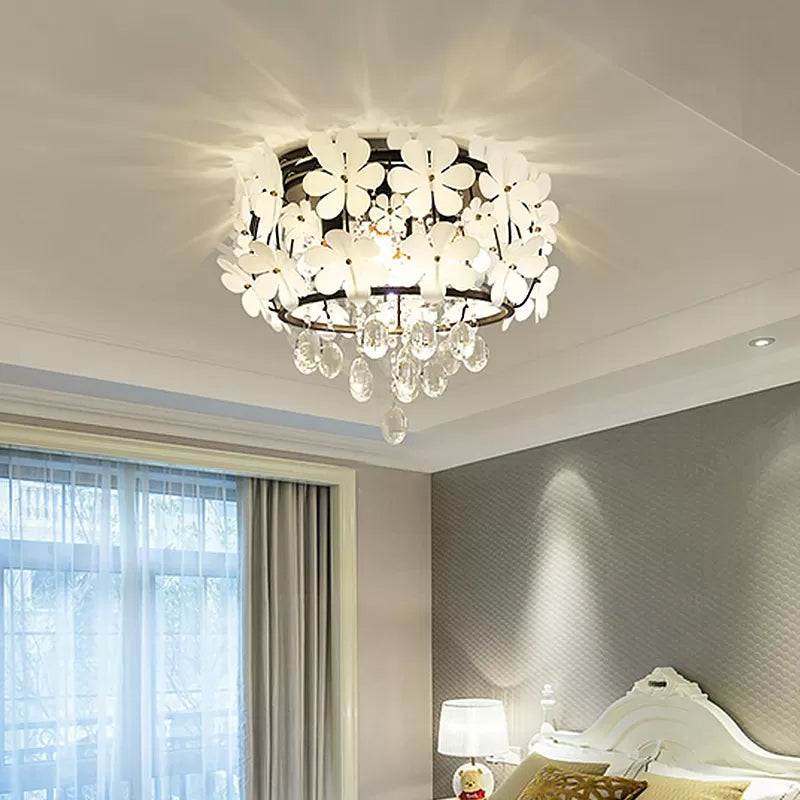 Black Drum Flush Mount Light with Nordic K9 Crystal Ball and Petal Decoration - Bedroom Ceiling Lamp (4/6-Bulb)