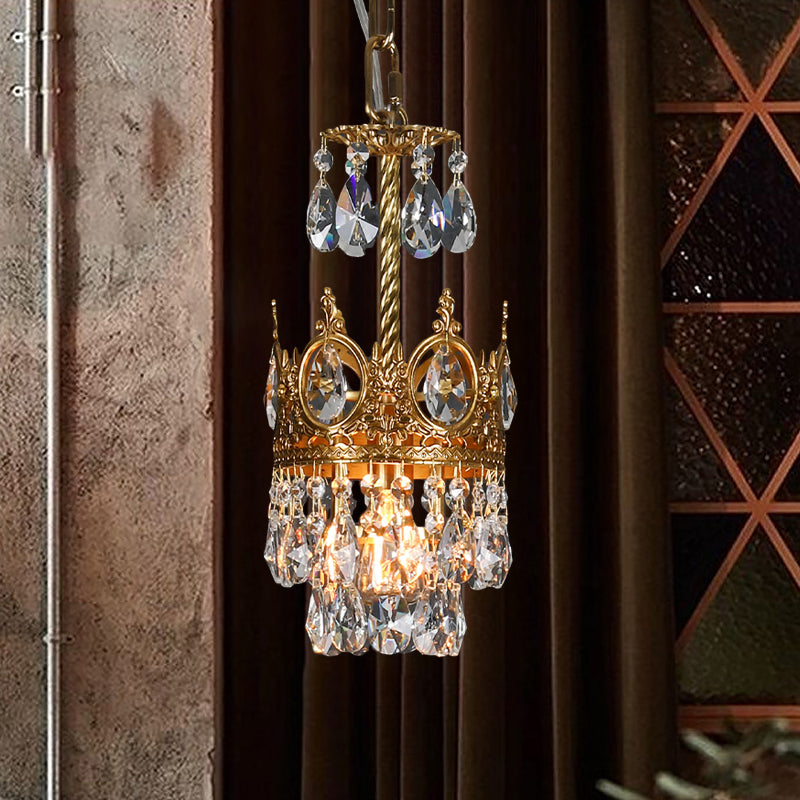 Traditional Crystal Crown Hanging Lamp Kit - Single Bulb Flush Lighting in Brass