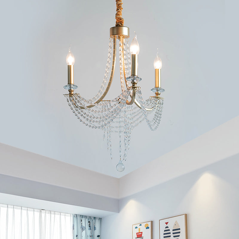 Lustre rustique à 3 têtes en fer pour chambre à coucher avec accents en cristal - Lustre à bougie à bras plongeants couleur champagne